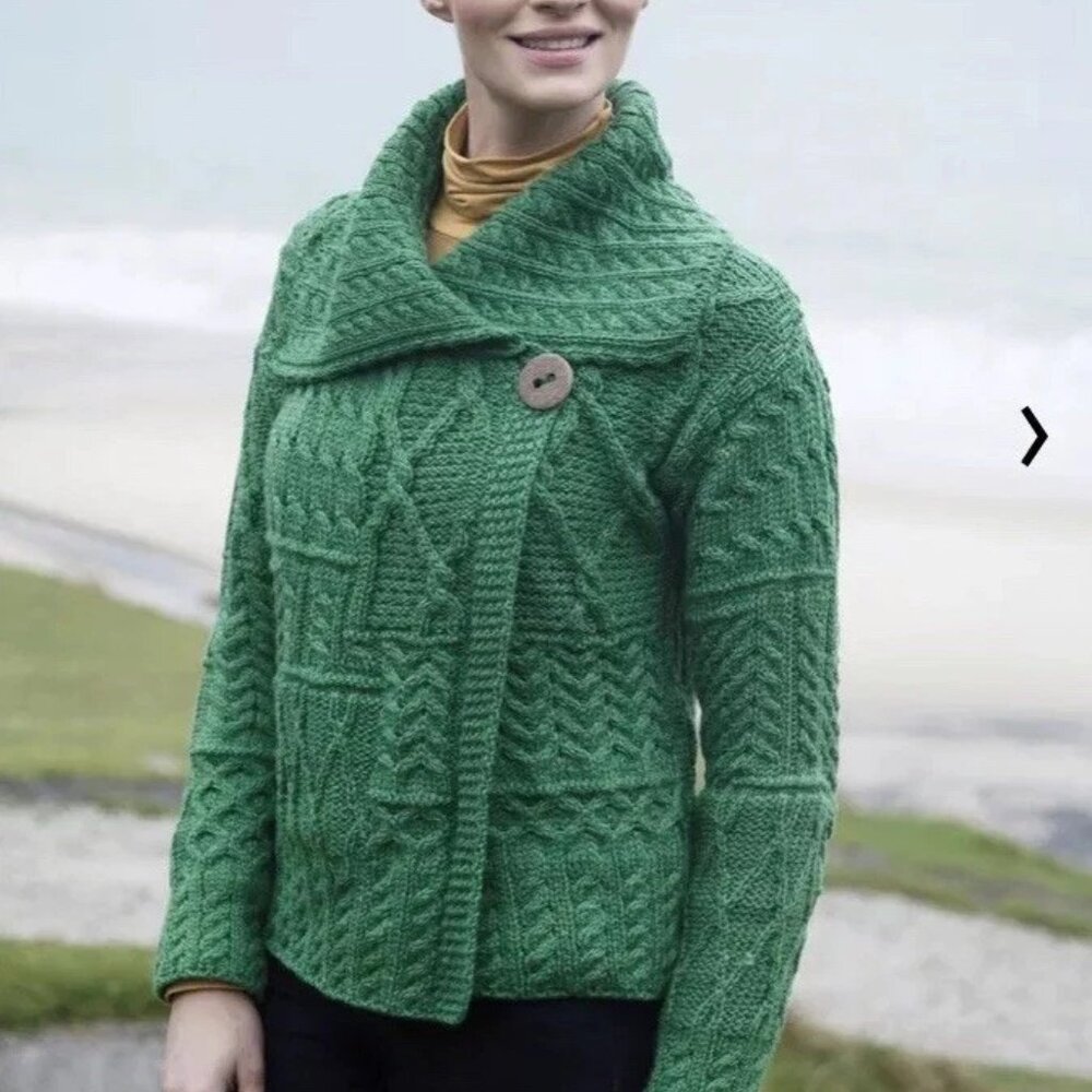 Carraig Donn Green Merino Wool Aran Knit Side Button Cardigan Sweater XL Ireland